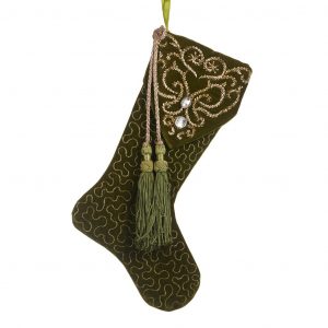 EMBR.TASSEL STOCKING OLIVE GRN/GLD 33CM
